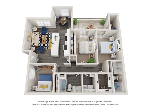 Floor plan for 3 beds, 2 baths, 1226 sqft